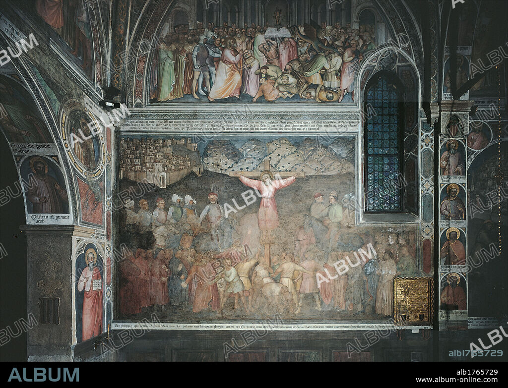 Crucifixion of St Philip, by Giusto Padovano Giusto de Menabuoi, 1370, 14th Century, fresco,. Italy, Veneto, Padua, SantAntonio di Padova Basilica, Blessed Luca Belludi Chapel. Detail. Wall decoration crucifixion of St Philip mountains city group.