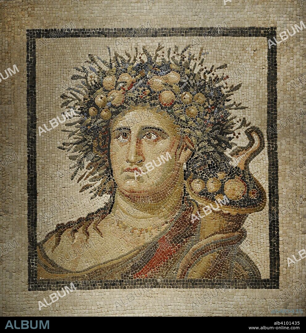 Mosaico romano con Genio del Año. Finales del siglo II. Piedra caliza y mármol. Procedente de Aranjuez (Comunidad de Madrid). Museo Arqueológico Nacional. Madrid. España.