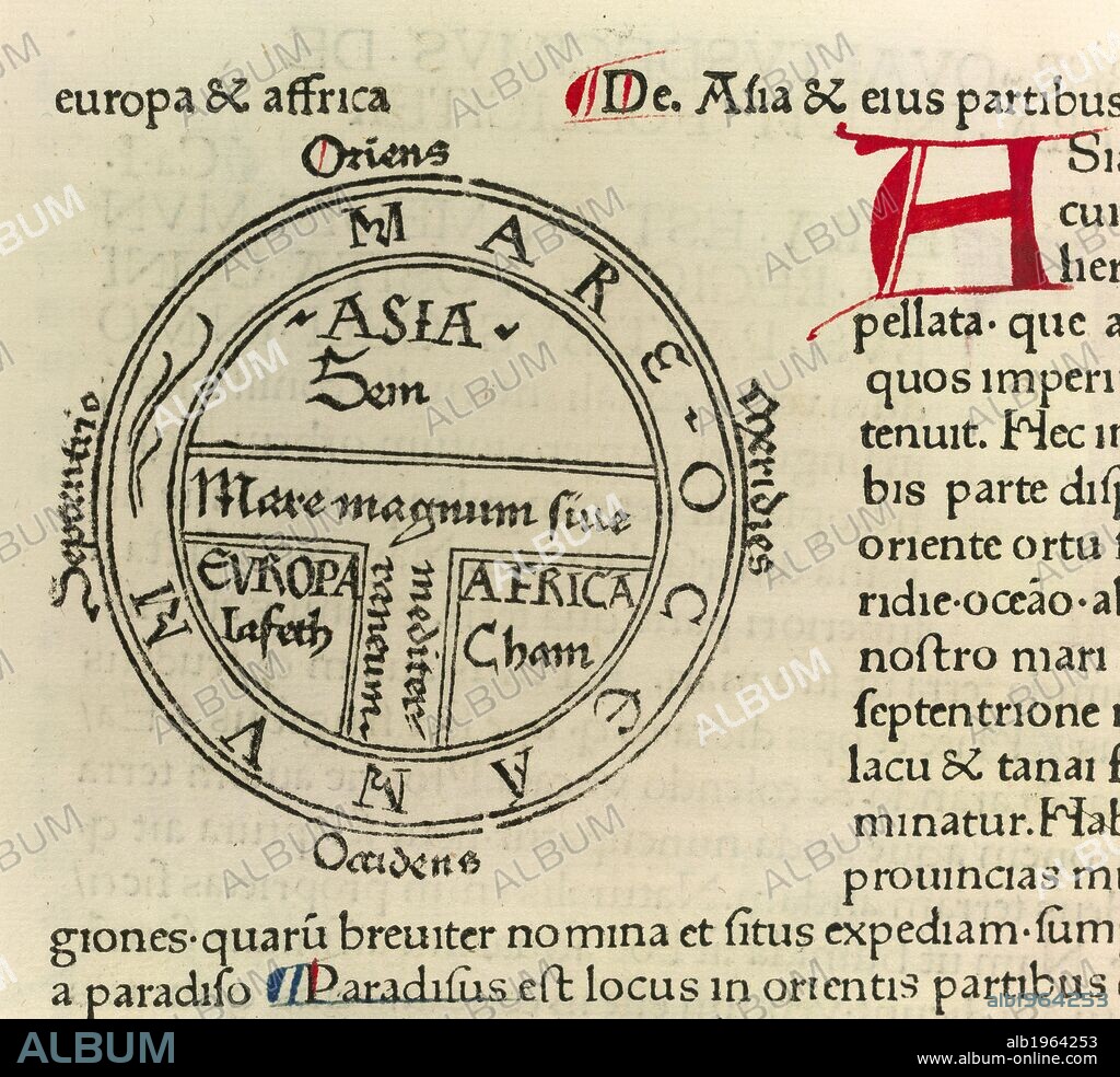 ISIDORE, SAINT, BISHOP OF SEVILLE. Illustration of a medieval T and O map showing the three continents as originated by the sons of Noah. Isidori Junioris Hispalensis Episcopi epistola ad Braulionem CÃ¦saraugustanum Episcopum incipit feliciter. End. Isidori junioris hispalensis episcopi Ethimologiarum libri numero viginti finiunt fÅ“liciter. [Augsburg :] Per Gintherum Zainer, 1472. Source: IB.5441. Language: Latin.