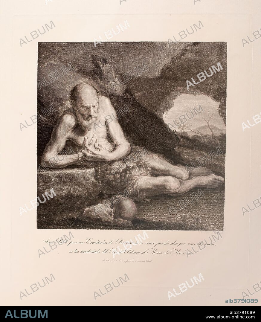 AGUSTÍN ESTEVE, CALCOGRAFIA NACIONAL y PHILIPPE CRIERE. Calcografía Nacional (Vendedor); Philippe Criere (Grabador) (Autor de la obra original Ribera, José de); Agustín Esteve y Marqués (Dibujante) / 'San Pablo ermitaño'. 1797. Talla dulce: aguafuerte y buril sobre papel continuo, 749 x 600 mm.