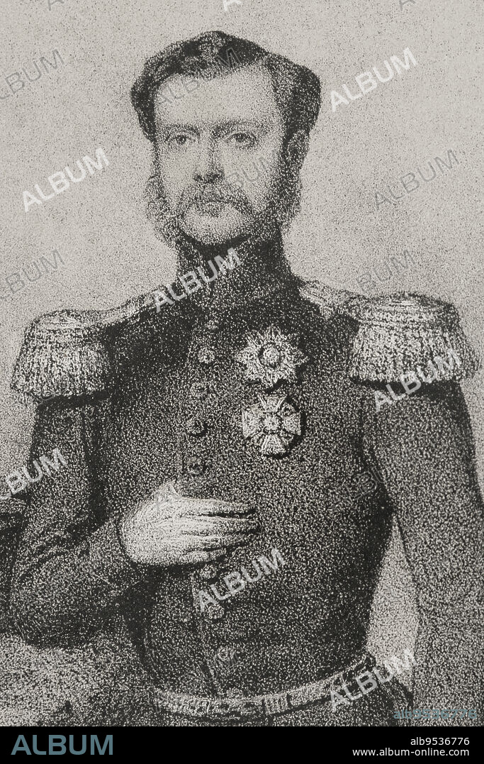 JOSÉ VALLEJO (1821-1882). SPANISH ILLUSTRATOR. JULIO DONÓN. SPANISH ARTIST ACTIVE FROM 1840 TO 1880.. Carlos I de Wurtemberg (1823-1891). Tercer rey de Wurtemberg (1864-1891). Retrato de Carlos Federico Alejandro como príncipe heredero de Wurtemberg. Dibujo por J. Vallejo. Litografía por J. Donón. Detalle. Reyes Contemporáneos. Tomo I. Publicado en Madrid, 1855.
