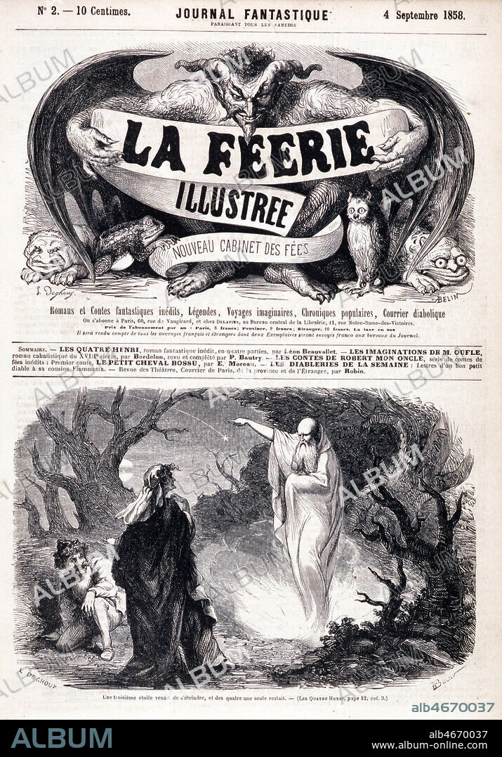 'Les quatre Henri' roman fantastique par Leon Beauvallet. Une du magazine La Feerie Illustree, journal fantastique, 4/09/1858. Credit Collection Kharbine Tapabor.