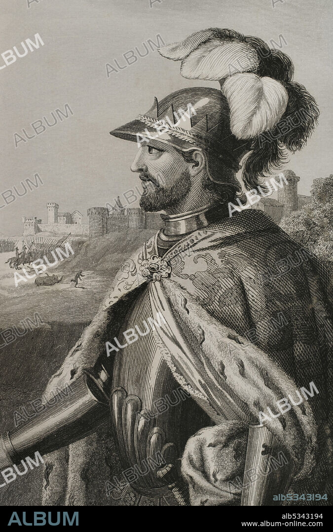 ANTONIO ROCA SALLENT (1813-1864). SPANISH ENGRAVER.. Enrique II de Castilla (1334-1379), llamado Enrique de Trastámara, "el Fraticida" o "el de las Mercedes". Rey de Castilla, el primero de la Casa de Trastámara. Retrato. Grabado por Antonio Roca. Las Glorias Nacionales. Tomo IV. Edición Madrid-Barcelona, 1853.