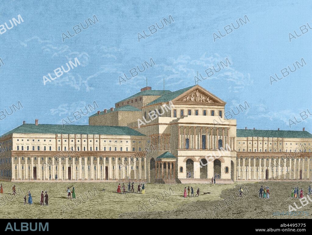 Polonia. Teatro Nacional de Varsovia. Fundado en 1810 por Federico Augusto. Inicialmente era un conservatorio. Grabado del año 1840. Coloreado.
