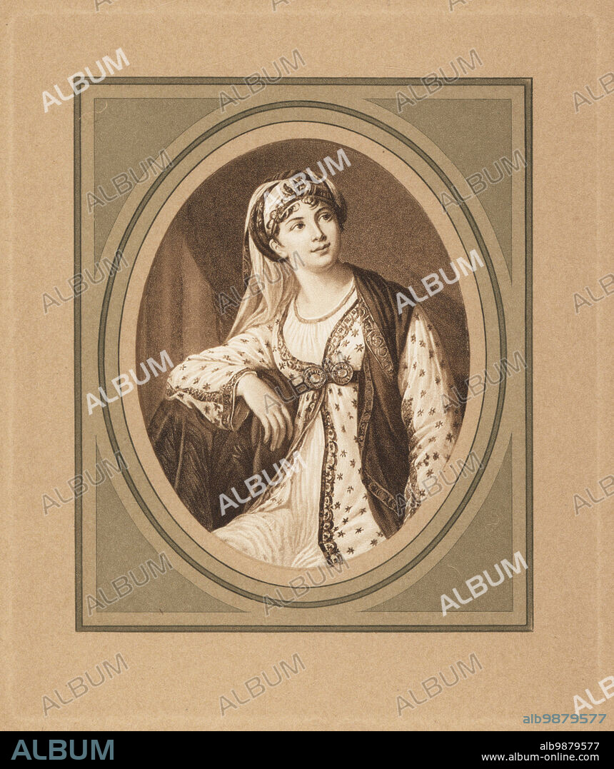Giuseppina Grassini, lover of Napoleon, 1773-1850. Gioseppa Maria Camilla, also known as Josephina Grassini, Italian dramatic contralto and singing teacher, had affairs with Napoleon Bonaparte and the Duke of Wellington. From a painting of her in the role of Zaire by Elizabeth Vigee Le Brun. Mezzotint by Michel Manzi and Maurice Joyant from Frederic Massons Napoleon et les Femmes, Napoleon and the Fair Sex, Goupil, Paris, 1906.