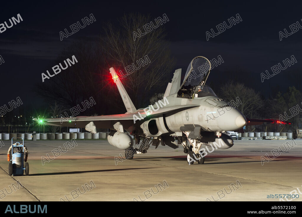 A Royal Canadian Air Force CF-188 (F/A-18A) Hornet preparing for a night takeoff from Mihail Kogalniceanu, Romania, during the bilateral exercise Resilient Resolve 2016.