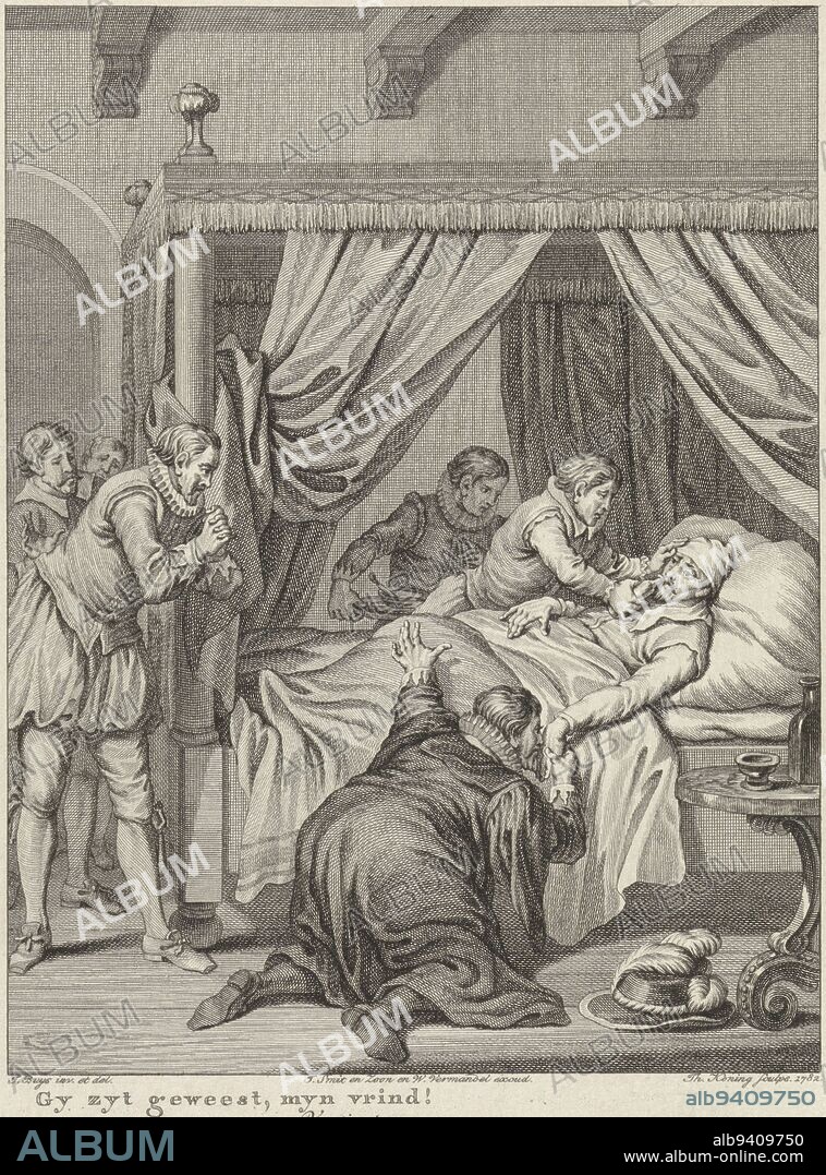 Ill bed of the Prince of Orange, 1574, Theodoor Koning, after Jacobus Buys, 1782, Philip van Marnix at the sickbed of the Prince of Orange at Rotterdam, August 1574. A boy holds a bottle under the prince's nose while Van Marnix kisses the prince's left hand. This print is part of a series of 24 prints depicting scenes from the life of Prince William I, 1568-1584 and is an illustration to the fourteenth hymn., print maker: Theodoor Koning, (mentioned on object), Jacobus Buys, (mentioned on object), publisher: Johannes Smit & Zoon, (mentioned on object), Amsterdam, 1782, paper, engraving, h 274 mm × w 217 mm.
