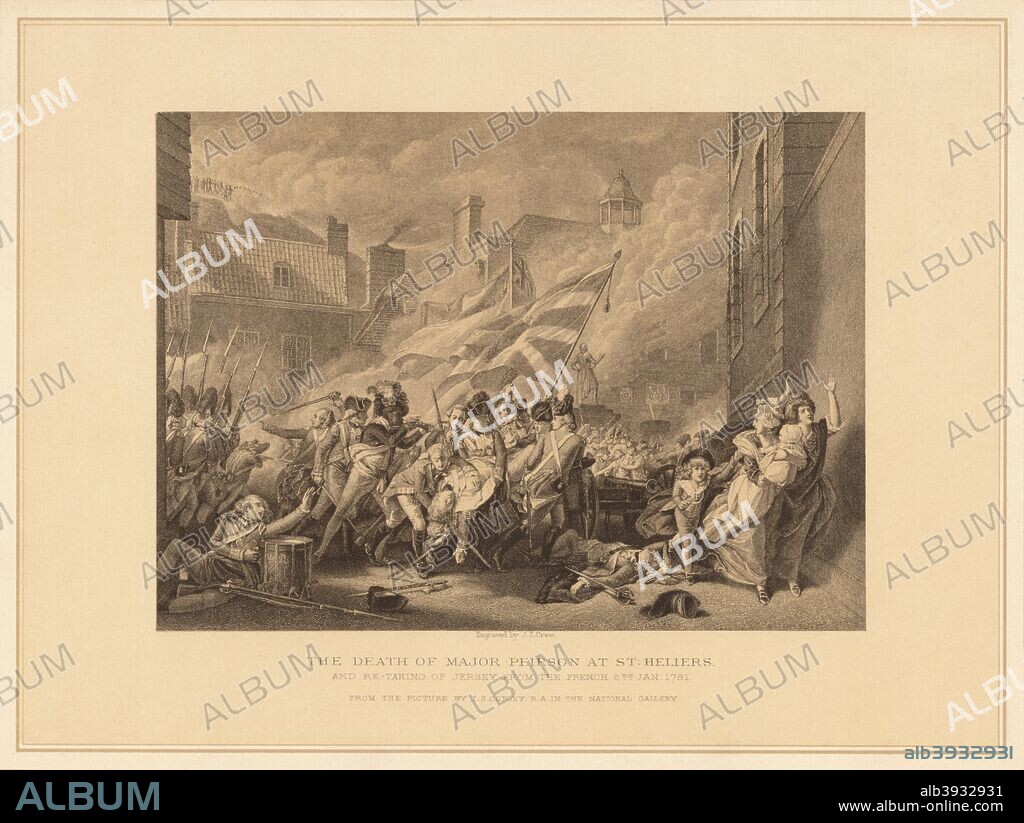 'The Death of Major Peirson at St. Heliers', 1781 (1878). The Death of Major Peirson, 6 January 1781. The Battle of Jersey was the last French attempt to seize the island of Jersey. After John Singleton Copley (1738?1815). From Pictures and Royal Portraits Illustrative of English and Scottish History, by Thomas Archer. [Blackie & Son, London, Glasgow & Edinburgh, 1878].