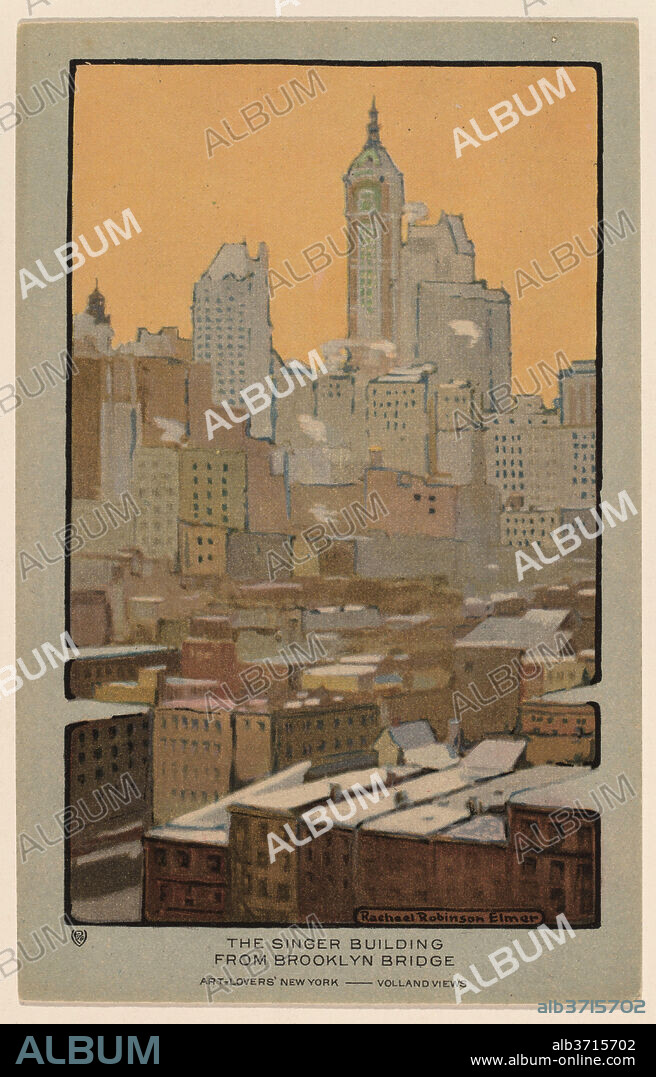 RACHAEL ROBINSON ELMER. The Singer Building from Brooklyn Bridge. Dated: 1914. Dimensions: image:121 x 76mm  sheet:140 x 89mm. Medium: halftone offset lithograph.