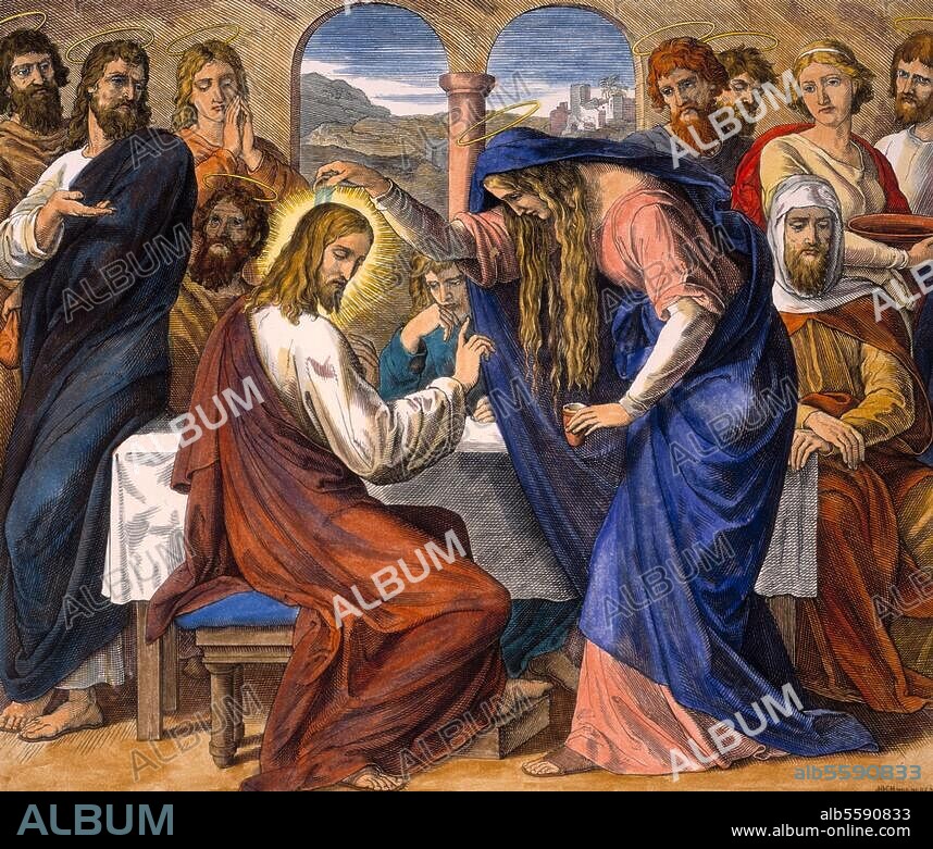 JULIUS SCHNORR VON CAROLSFELD. Schnorr von Carolsfeld, Julius. 1794-1874. "Maria von Bethanien salbt Jesus zu seinem Begräbnis". Matthäus 26,10-12. Holzschnitt, spätere Kolorierung. Aus: Die Bibel in Bildern, Leipzig. (Georg Wigand) 1860, Bl. 204. Berlin, Sammlung Archiv für Kunst und Geschichte.