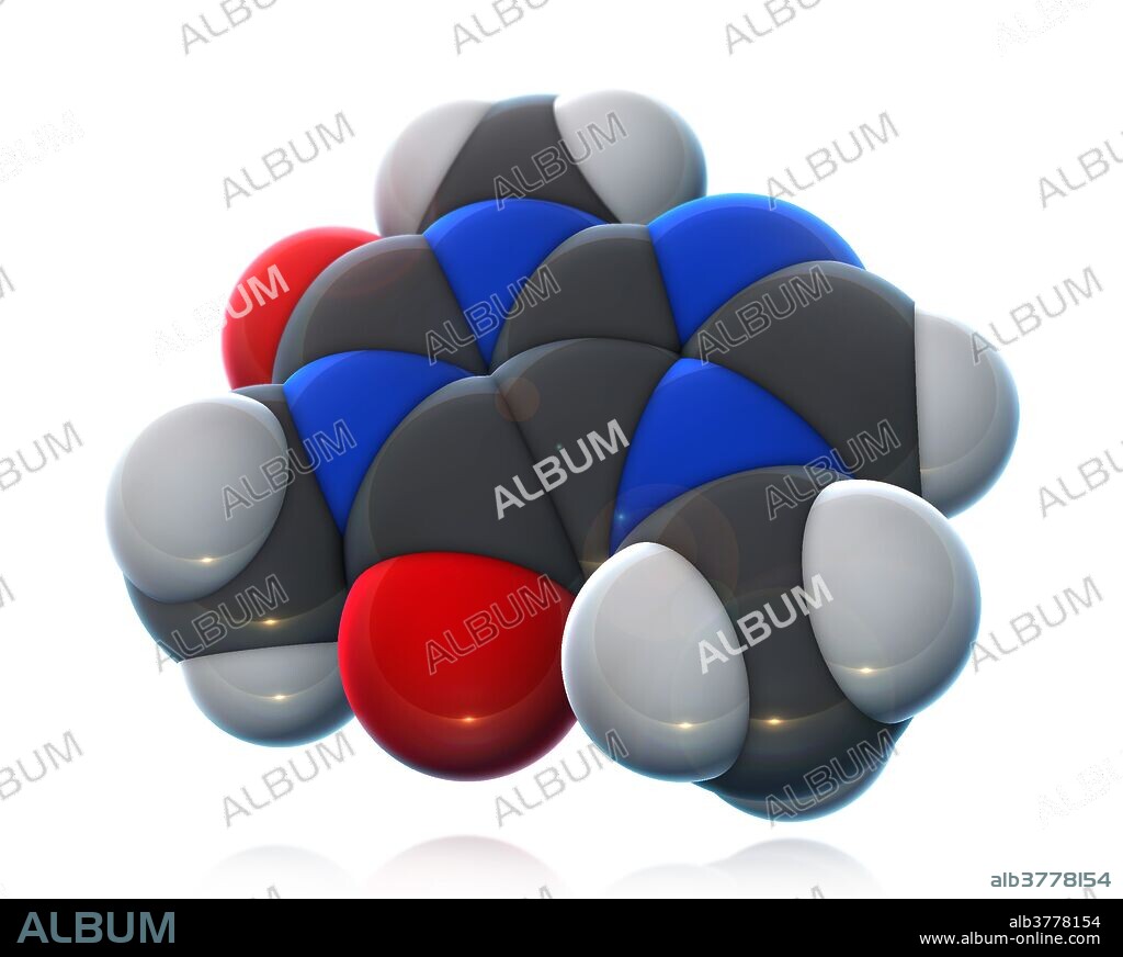 A molecular model of caffeine, a stimulant drug that acts on the central nervous system to increase alertness.  Caffeine is naturally found in many seeds, leaves, fruits, and plants, and is also contained in coffee, tea, soft drinks, and energy drinks, making it the most widely consumed psychoactive drug in the world.  Atoms are colored dark gray (carbon), light gray (hydrogen), red (oxygen), and blue (nitrogen).