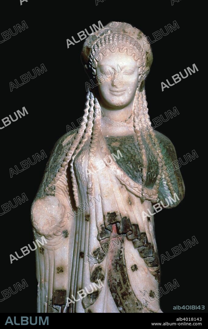 Kore 675 from the Acropolis, now from the Acropolis Museum's collection. The kore was originally brightly painted, 6th century BC.