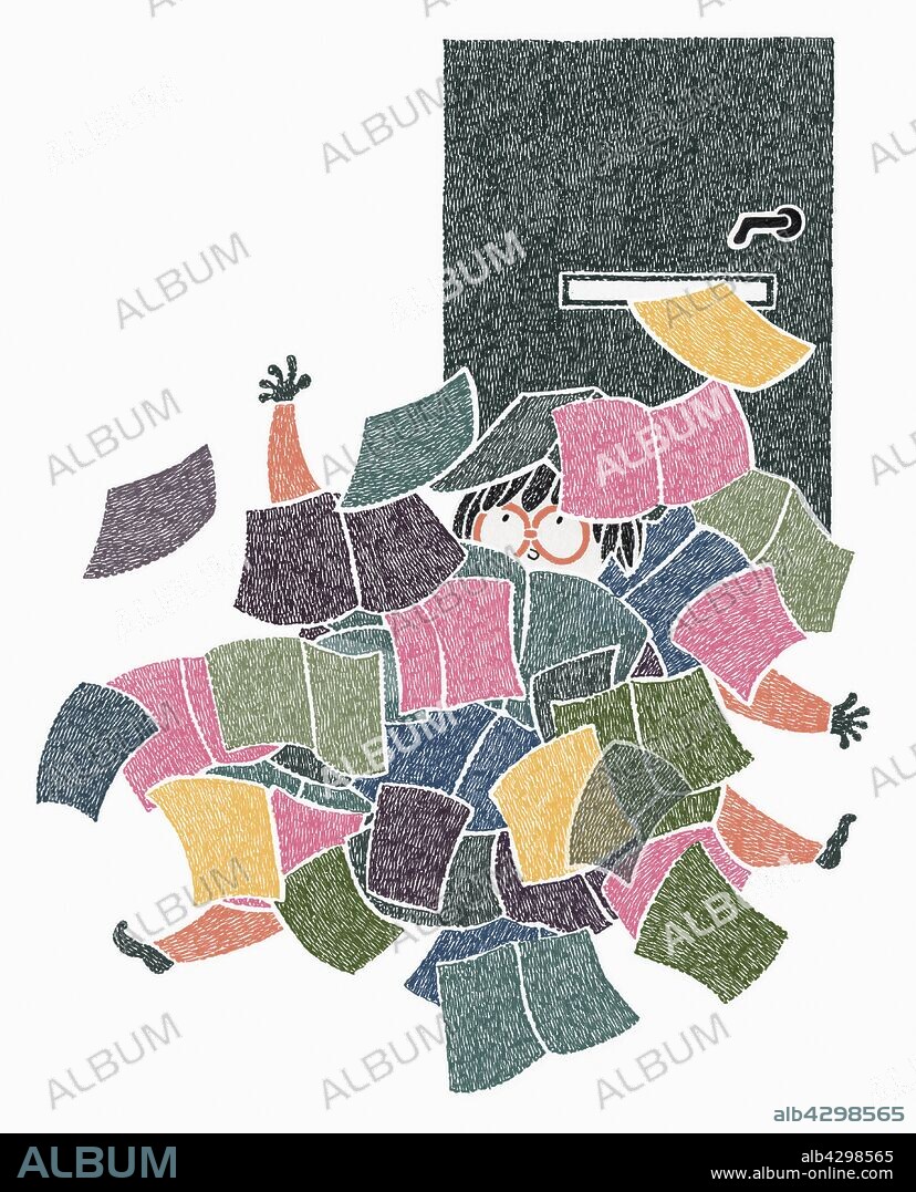 Woman swamped by junk mail.
