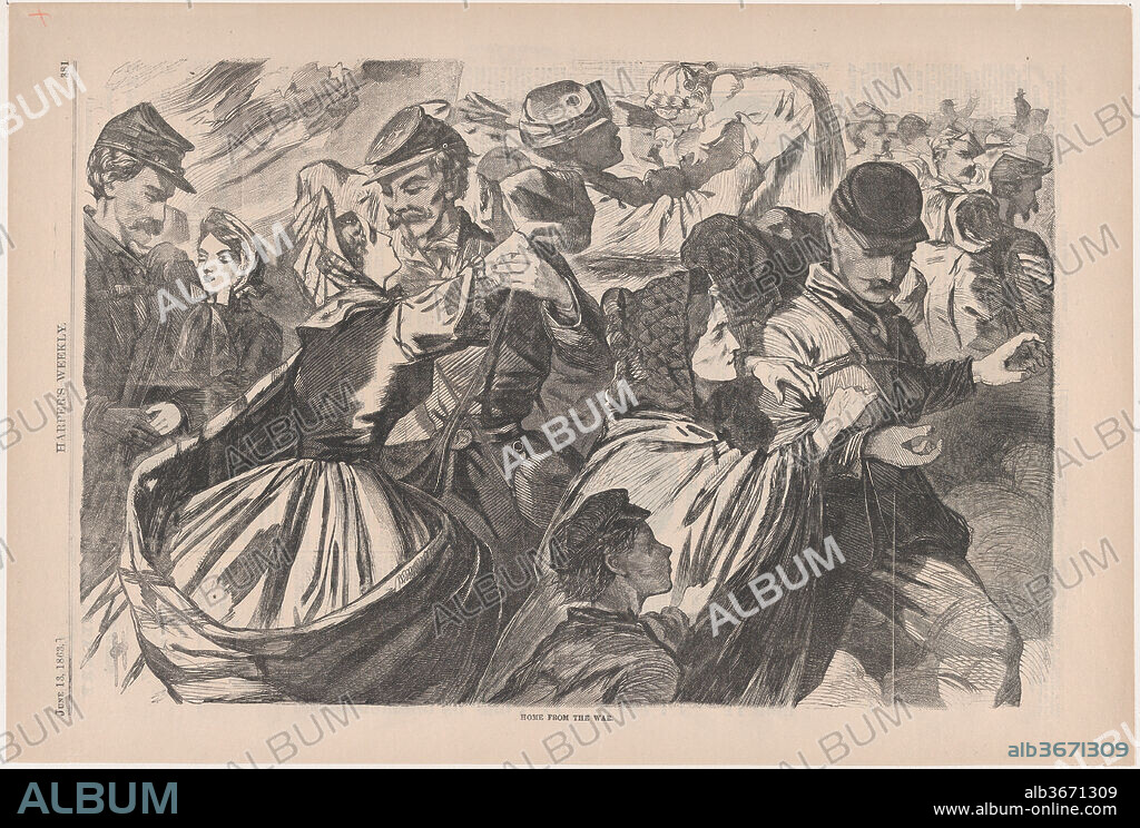 Home from the War (Harper's Weekly, Vol. VII). Artist: Winslow Homer (American, Boston, Massachusetts 1836-1910 Prouts Neck, Maine). Dimensions: image: 9 1/4 x 14 in. (23.5 x 35.6 cm)
sheet: 11 13/16 x 16 1/8 in. (30 x 40.9 cm). Publisher: Harper's Weekly (American, 1857-1916). Date: June 13, 1863.