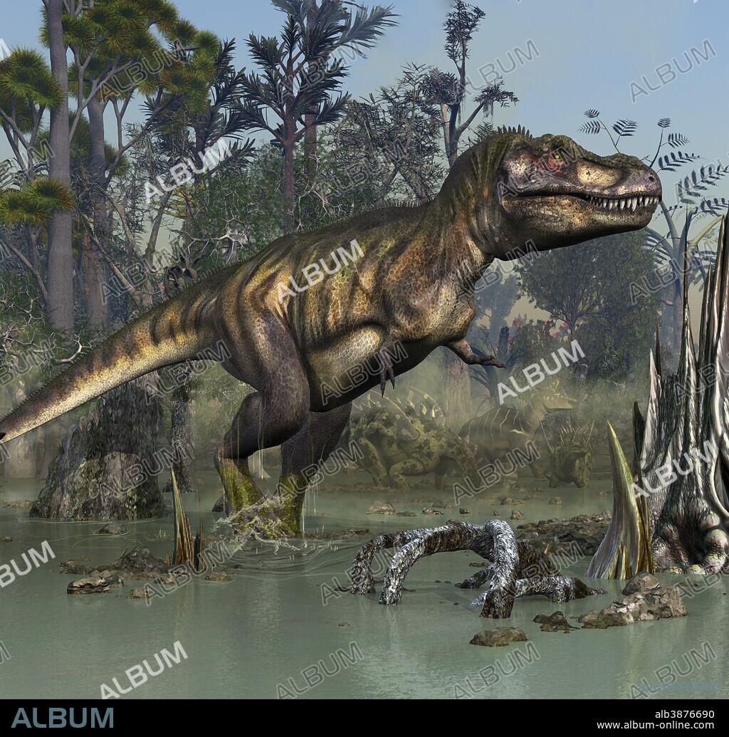 Tyrannosaurus rex smelling a few Gigantspinosaurus and a Corythosaurus in the near distance of the swamp.