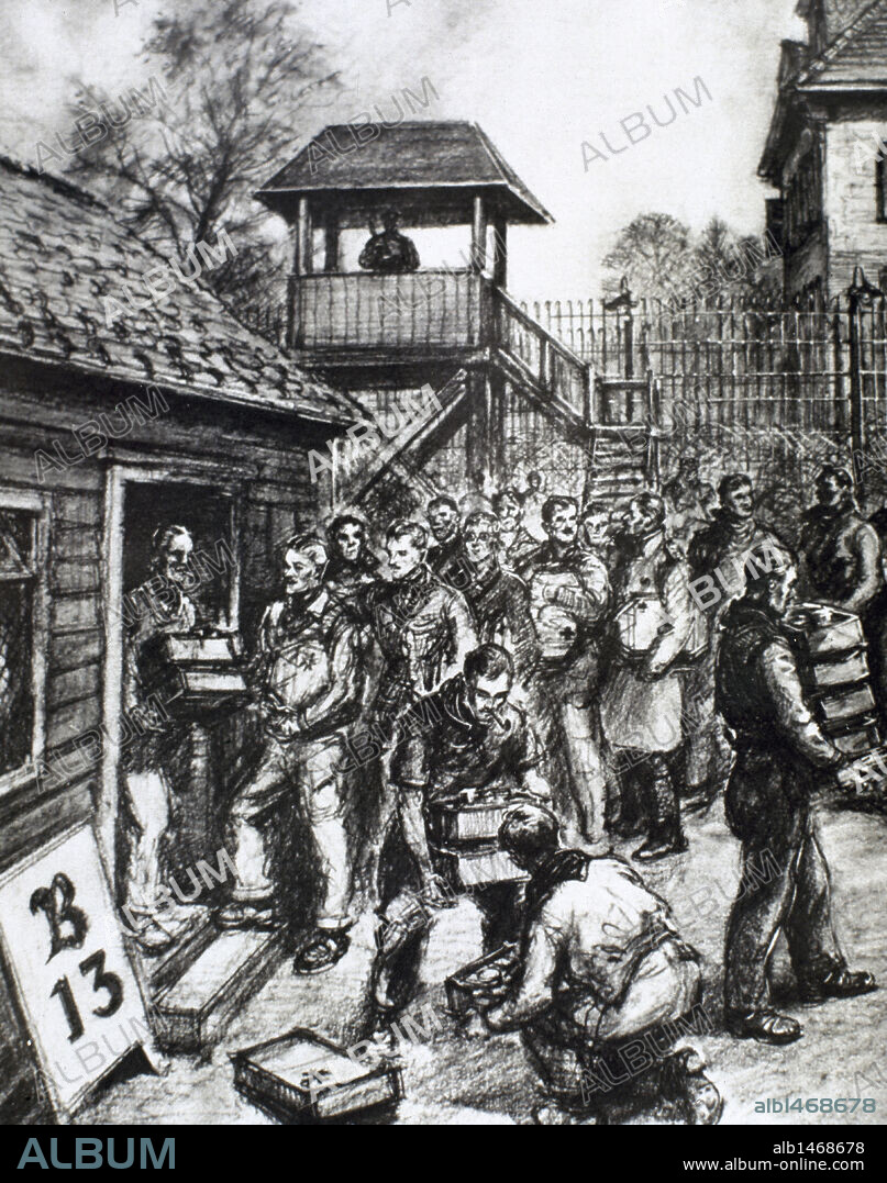 SEGUNDA GUERRA MUNDIAL (1939-1945). SOLDADOS INGLESES PRISIONEROS EN UN CAMPAMENTO ALEMAN, RECIBIENDO PAQUETES DE LA CRUZ ROJA. Año 1943. Dibujo.