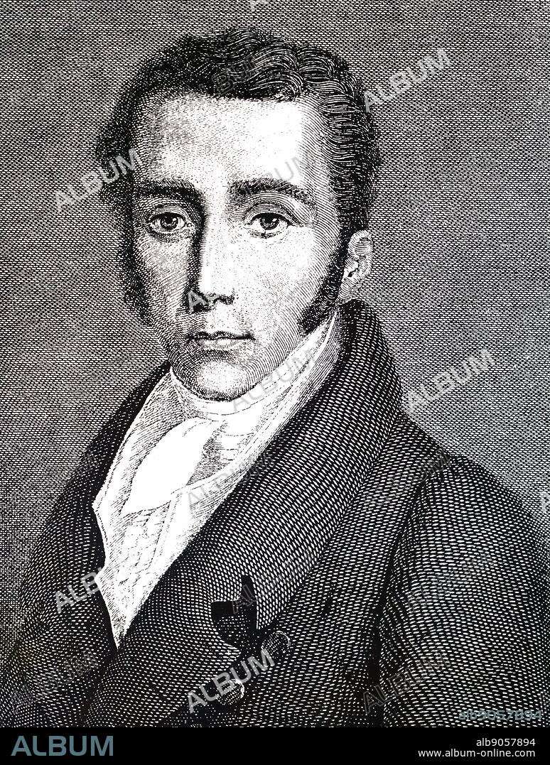 An engraving depicting Joseph von Fraunhofer (1787-1826), a German physicist who developed the spectrum and mapped the lines of the solar spectrum (Fraunhofer lines). Dated 19th century.