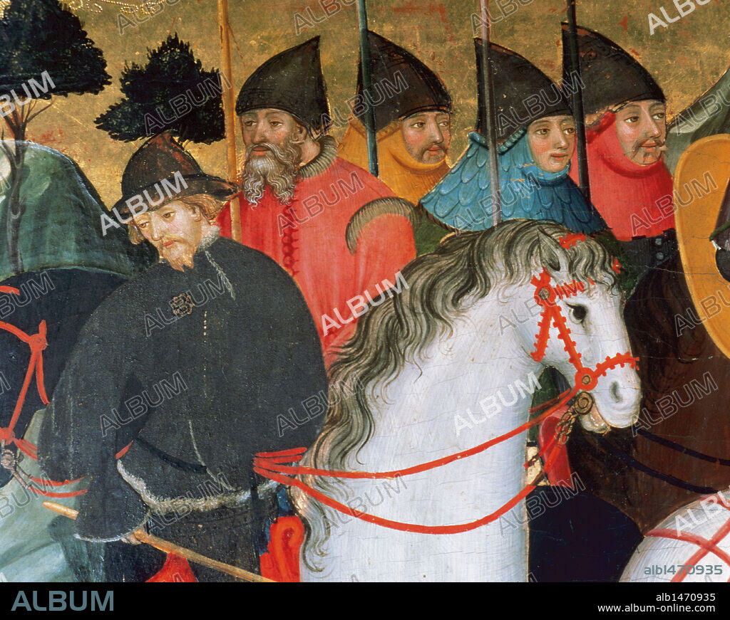 Soldiers and cavalry. Late 14th century early 15th century. Detail from the Altarpiece of the Virgin and St. George by Llui´s Borrassa (c.1390-1400). Church of the Convent of St. Francisco. Vilafranca del Penede`s. Province of Barcelona. Catalonia. Spain.