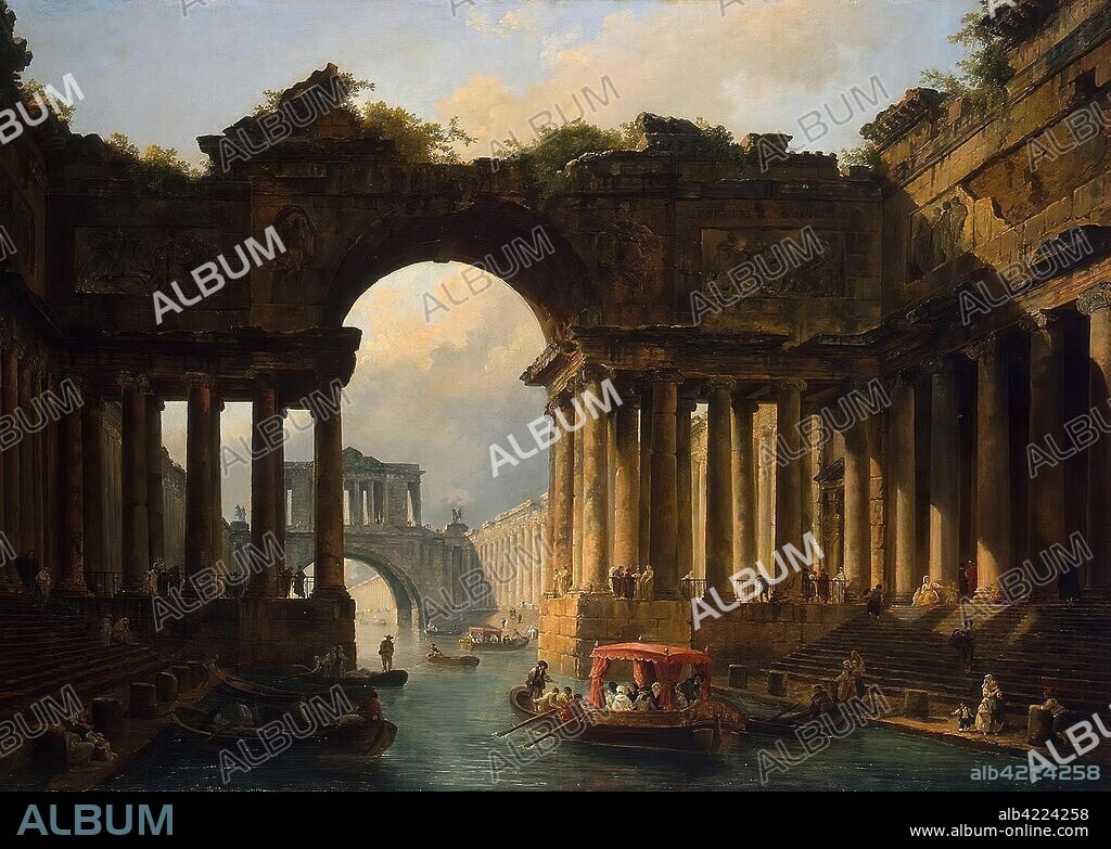 HUBERT ROBERT. 'Architectural Landscape with a Canal'. France, 1783. Dimensions: 129x182,5 cm.