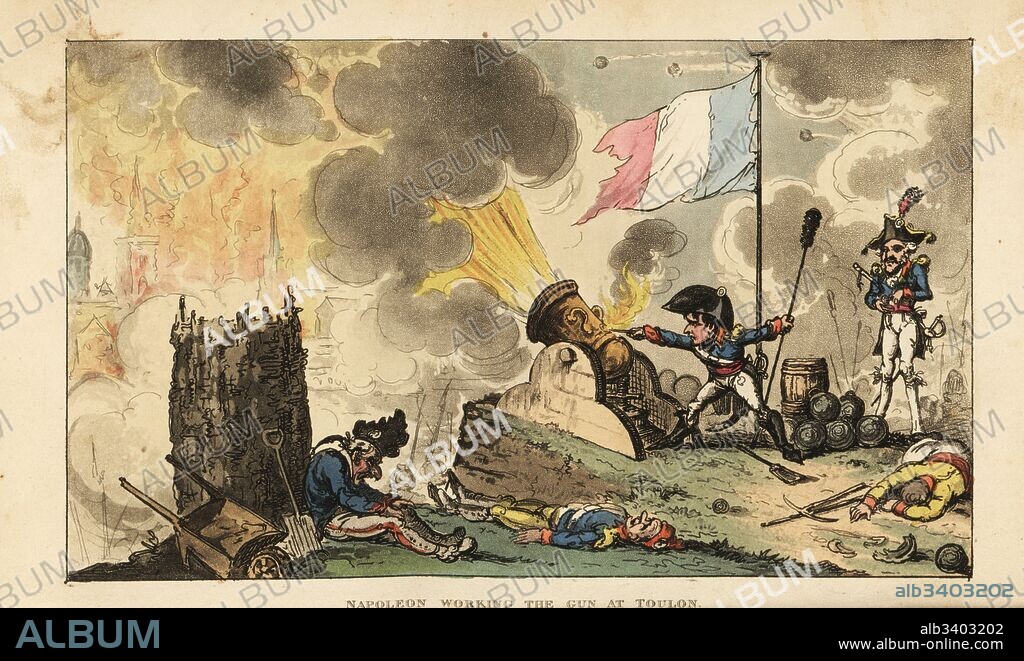 Napoleon working the gun at the Siege of Toulon, 1793. Handcoloured copperplate engraving by George Cruikshank from The Life of Napoleon a Hudibrastic Poem by Doctor Syntax, T. Tegg, London, 1815.