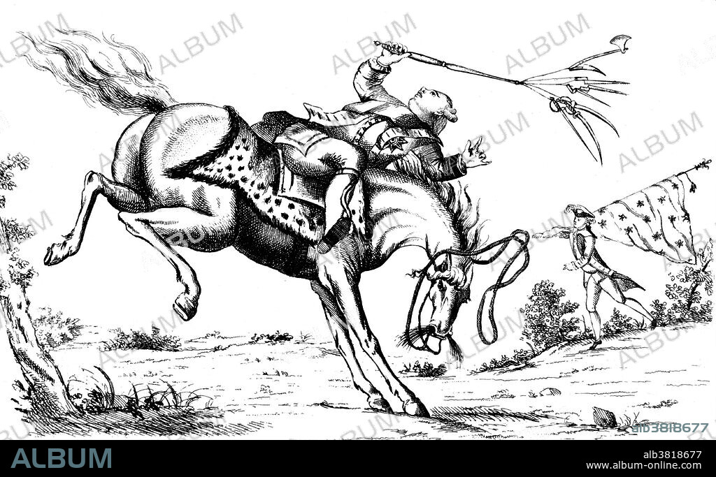 Entitled: "The horse America, throwing his master" published by William White, August 1, 1779. George III (June 4, 1738 - January 29, 1820) was King of Great Britain (1760-1801) and King of the United Kingdom of Great Britain and Ireland until his death. His life and reign, which were longer than any other British monarch before him, were marked by a series of military conflicts involving his kingdoms, much of the rest of Europe, and places farther afield in Africa, the Americas and Asia. Early in his reign, Great Britain defeated France in the Seven Years' War, becoming the dominant European power in North America and India. However, many of Britain's American colonies were soon lost in the American Revolutionary War. In the later part of his life, George III had recurrent, and eventually permanent, mental illness. After a final relapse in 1810, a regency was established, and George III's eldest son, George, Prince of Wales, ruled as Prince Regent. On George III's death, the Prince Regent succeeded his father as George IV. He died in 1820 at the age of 81.