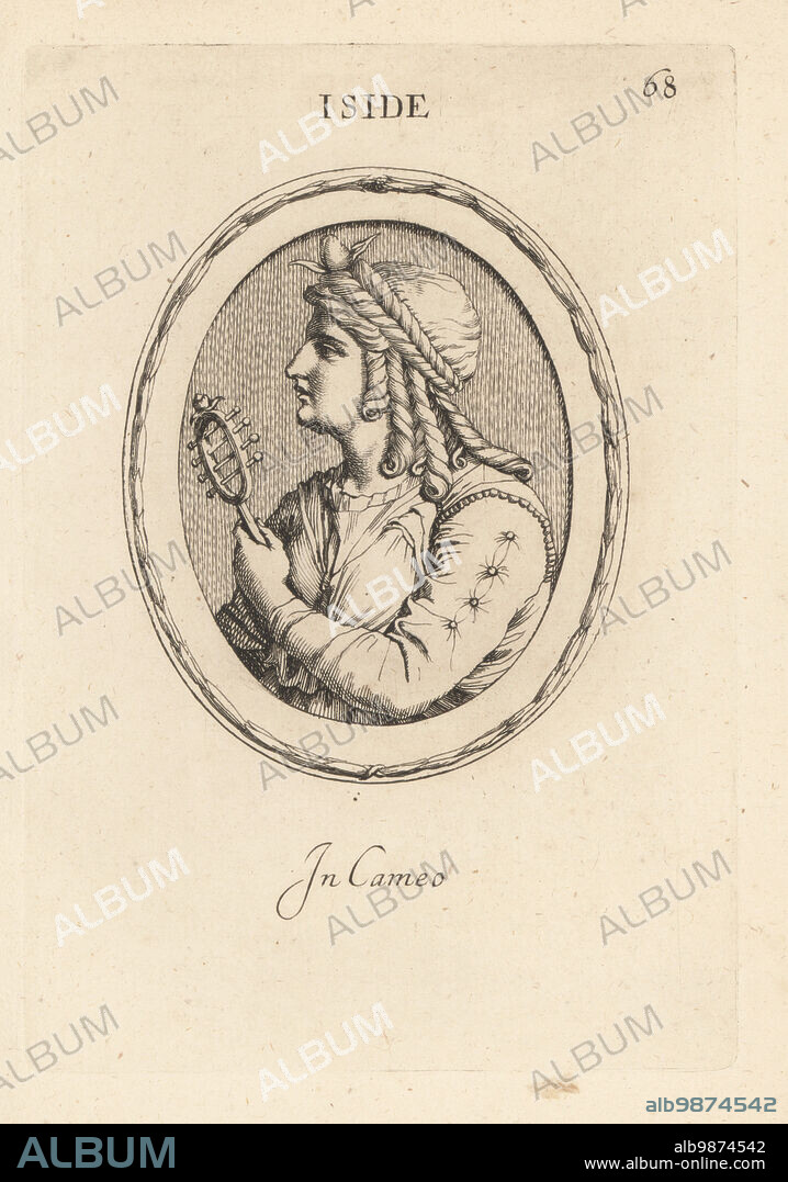 Bust in profile of Isis, goddess in ancient Egyptian whose worship spread through the Greco-Roman world. Wearing a flower crown in her hair, holding a sistrum, percussion instrument. Iside. In cameo. Copperplate engraving by Giovanni Battista Galestruzzi after Leonardo Agostini from Gemmae et Sculpturae Antiquae Depicti ab Leonardo Augustino Senesi, Abraham Blooteling, Amsterdam, 1685.