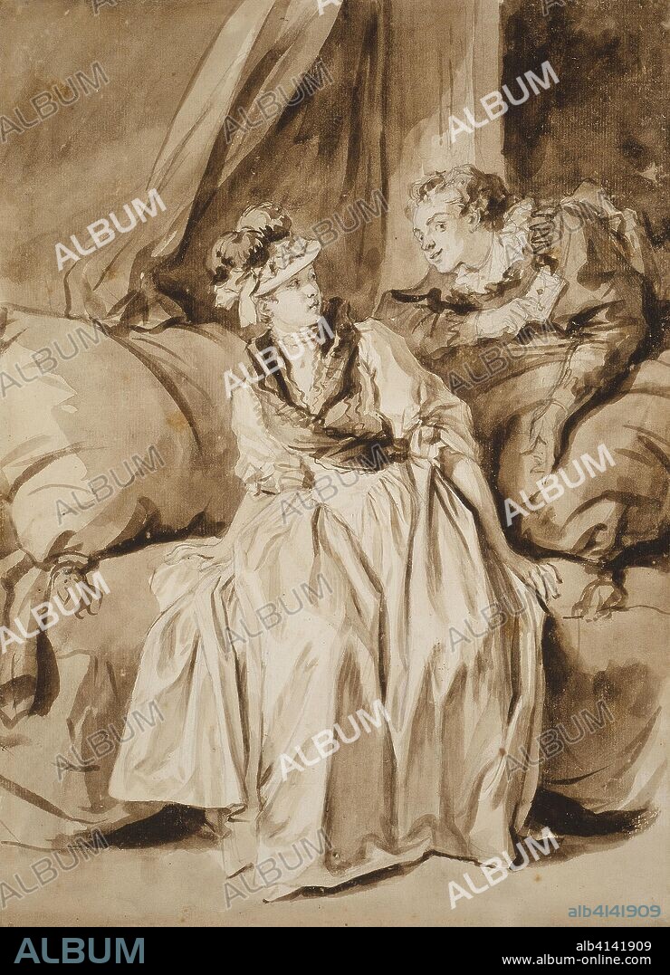 JEAN-HONORÉ FRAGONARD. The Letter, or The Spanish Conversation. Jean-Honoré Fragonard; French, 1732-1806. Date: 1773-1783. Dimensions: 399 x 290 mm. Brush and brown ink and brush and brown wash, with graphite, on ivory laid paper. Origin: France.