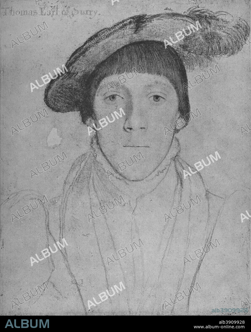 'Henry Howard, Earl of Surrey', c1532-1533 (1945). Henry Howard, Earl of Surrey, KG (1516-1547), was an English aristocrat, and one of the founders of English Renaissance poetry. He was a first cousin of both Anne Boleyn and Catherine Howard, the second and fifth wives of King Henry VIII. The drawing is part of the Royal Collection Trust, Windsor Castle. From The Drawings of Holbein at Windsor Castle by K. T. Parker. [The Phaidon Press Ltd, Oxford & London, 1945].