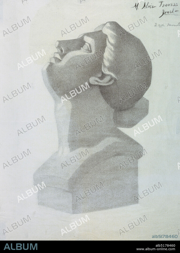 Vertical rectangle. The head of a woman tilted upward and facing left. Signed in charcoal, upper right: 'M. Alice Travers.', M. Alice Travers, Charcoal on paper. Watermark, Vertical rectangle. The head of a woman tilted upward and facing left. Signed in charcoal, upper right: 'M. Alice Travers.', USA, About 1890, portraits, Drawing, Drawing.