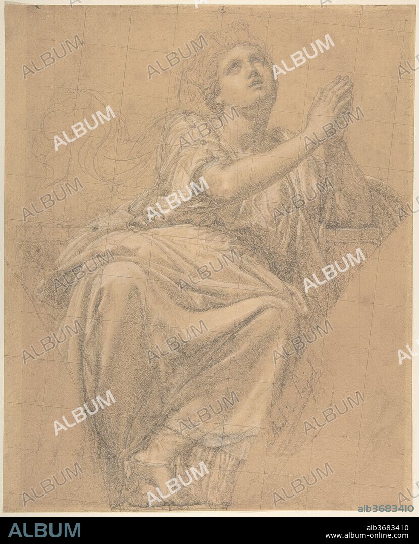 Allegorical Figure of the City of Piacenza, for a Pendentive in the Chapel of Saint-Roch, Church of Saint-Sulpice, Paris (recto); Studies for the Same Figure (verso). Artist: Alexandre Denis Abel de Pujol (French, Valenciennes 1785-1861 Paris). Dimensions: Sheet: 11 13/16 x 9 1/2 in. (30 x 24.2cm). Date: 1821.
The compositional shape of this preparatory drawing reflects the destination of the finished work: a pendentive--the triangular section of vaulting where a dome connects to supporting arches below--in a chapel devoted to Saint Roch in the Church of Saint-Sulpice in Paris. As an allegory of Piacenza, she represents one of four Italian cities saved from the plague by the saint in the early fourteenth century. Hands clasped in prayer, she gazes up in veneration to the Apotheosis of Saint Roch depicted on the ceiling of the chapel above. The slight angle at which the drawing is squared suggests a minor adjustment required in the positioning of the figure when transferred to the next phase of preparation for the frescoes.
