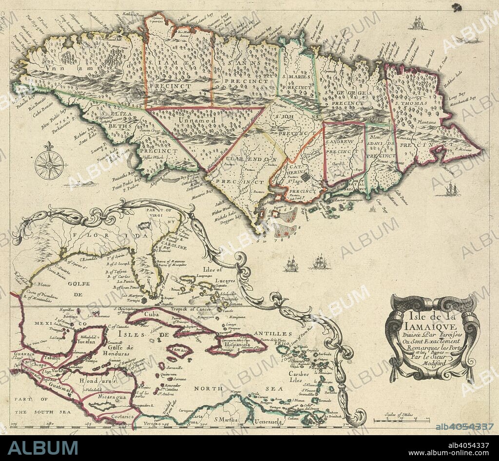 A map of Jamaica. Isle de la Jamaique diviseÌe par Paroisses ... Paris : Chez la Veuve Ant. Cellier, 1684. Source: Maps K.Top.123.45. Language: French.