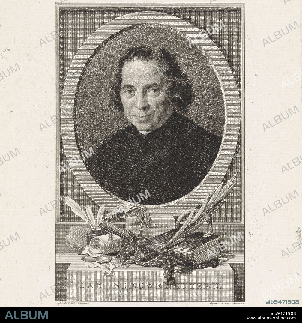 Portrait of Jan Nieuwenhuyzen, a Baptist minister On the pied-a-terre various attributes, including an inkwell with writing feathers, a laurel wreath, a torch, the Bible and ouroboros snake biting its own tail, Portrait of Jan Nieuwenhuyzen, print maker: Ludwig Gottlieb Portman, (mentioned on object), after: Adriaan de Lelie, (mentioned on object), Amsterdam, 1794 - 1828, paper, etching, h 250 mm × w 161 mm.