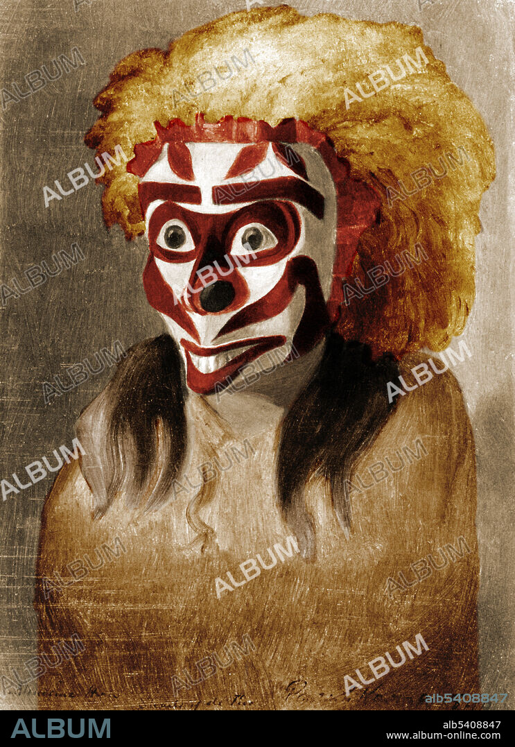 A medicine man or medicine woman is a traditional healer and spiritual leader serving indigenous people in the Americas. This mask, from the 19th century, was worn by healers to frighten away the spirit thought to cause the disease or pain. Beating drums and shaking rattles while dancing around the patient were other methods used to exorcise the demons. The artist of the original painting was Paul Kane (1810-1871). Image colorized.
