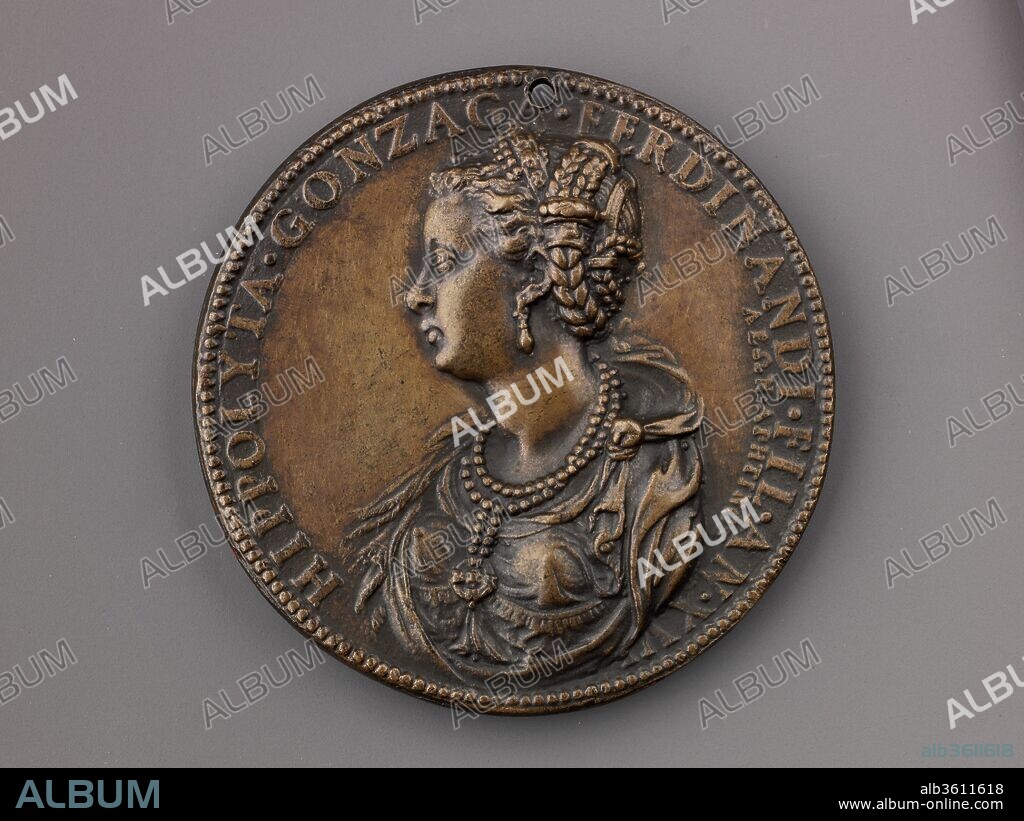 Medal:  Ippolita Gonzaga. Artist: Leone Leoni (Italian, Menaggio ca. 1509-1590 Milan). Dimensions: Diam. 6.6 cm, wt. 75.96 g.. Date: model 1551 (possibly cast 19th century).
On the obverse is a portrait of Ippolita Gonzaga of Mantua (1535 -
1563), wife of Antonio Gonzaga. On the reverse is
Diana, blowing a conch shell and holding a large arrow.
She is accompanied by two of her dogs. Behind her is
Pluto, abducting Proserpina with Cerberus at his feet.
This late aftercast may be from the nineteenth century.