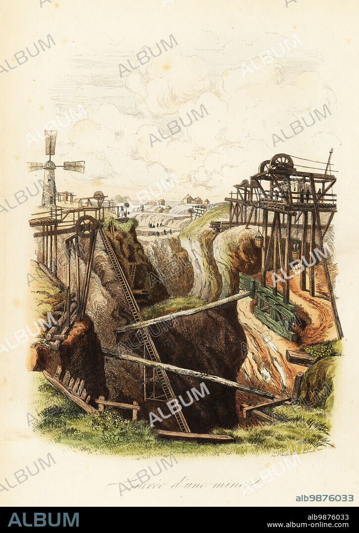 View of an 18th century iron mine at Dannemora, Upland, Sweden. With windmill, winch and other hoisting equipment. Entrance to a mine. Entree dune mine. Copied from an illustration by Adolph Fries in Felix-Edouard Guerin-Meneville's Dictionnaire Pittoresque d'Histoire Naturelle, 1834-39. Handcoloured steel engraving printed by F. Chardon from Achille Comtes Musee dHistoire Naturelle, Museum of Natural History, Gustave Hazard, Paris, 1854.