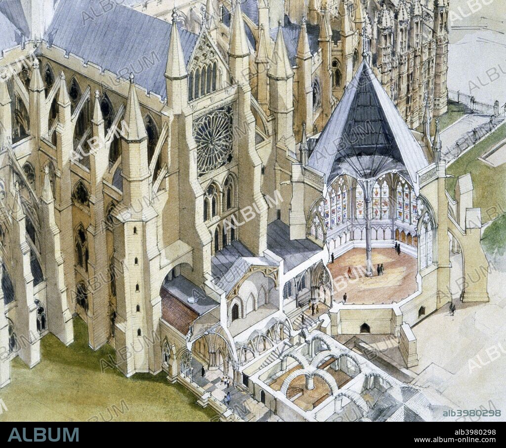 Westminster Abbey, Chapter House, c16th century, (1990-2010). Reconstruction drawing of interior Vestibule, Pyx Chamber and Cloister with South Transept. Gothic abbey church in the City of Westminster, London. Dating from 960, it was rebuilt in 1517 with 18th century towers added. A UNESCO World Heritage Site and Grade I listed building. Construction of the present church was begun in 1245 by Henry III who selected the site for his burial.