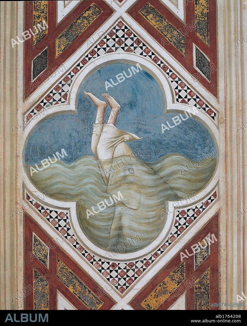 Jonah and the Whale (Jonah Swallowed by the Big Fish), by Giotto, 1300-1304, 14th Century, fresco,. Italy, Veneto, Padua, Scrovegni Chapel, decorative bandfascia. All. Rhomb decoration band sea fish whale legs Jonas blue red.