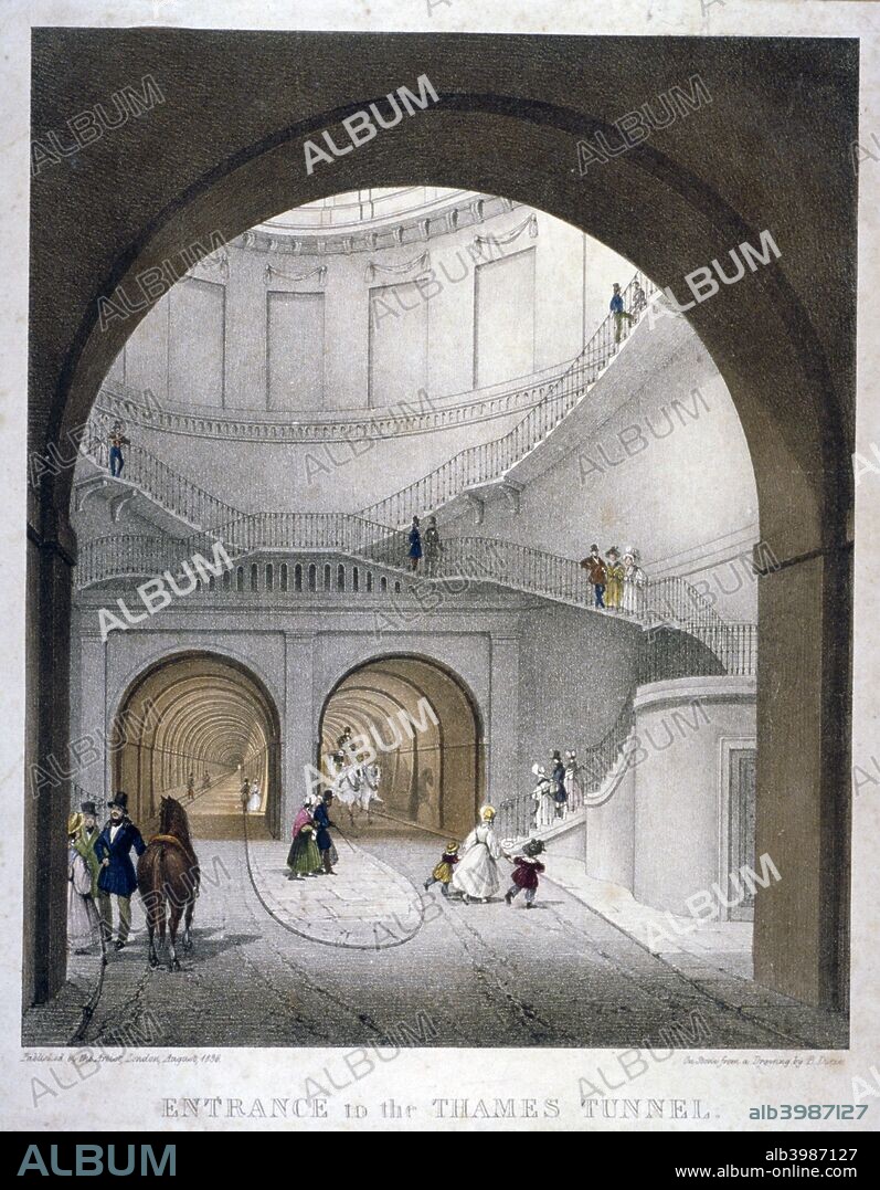 Entrance to the Thames Tunnel at Wapping, London, 1836. The Thames Tunnel, connecting Wapping and Rotherhithe, was the first underwater tunnel in the world. Completed as a foot tunnel in 1843, it was converted to a railway tunnel for the East London Railway in the 1860s, and is still used by the London Underground today. Sir Marc Isambard Brunel designed the tunnel, and his son, Isambard Kingdom Brunel, was site engineer.