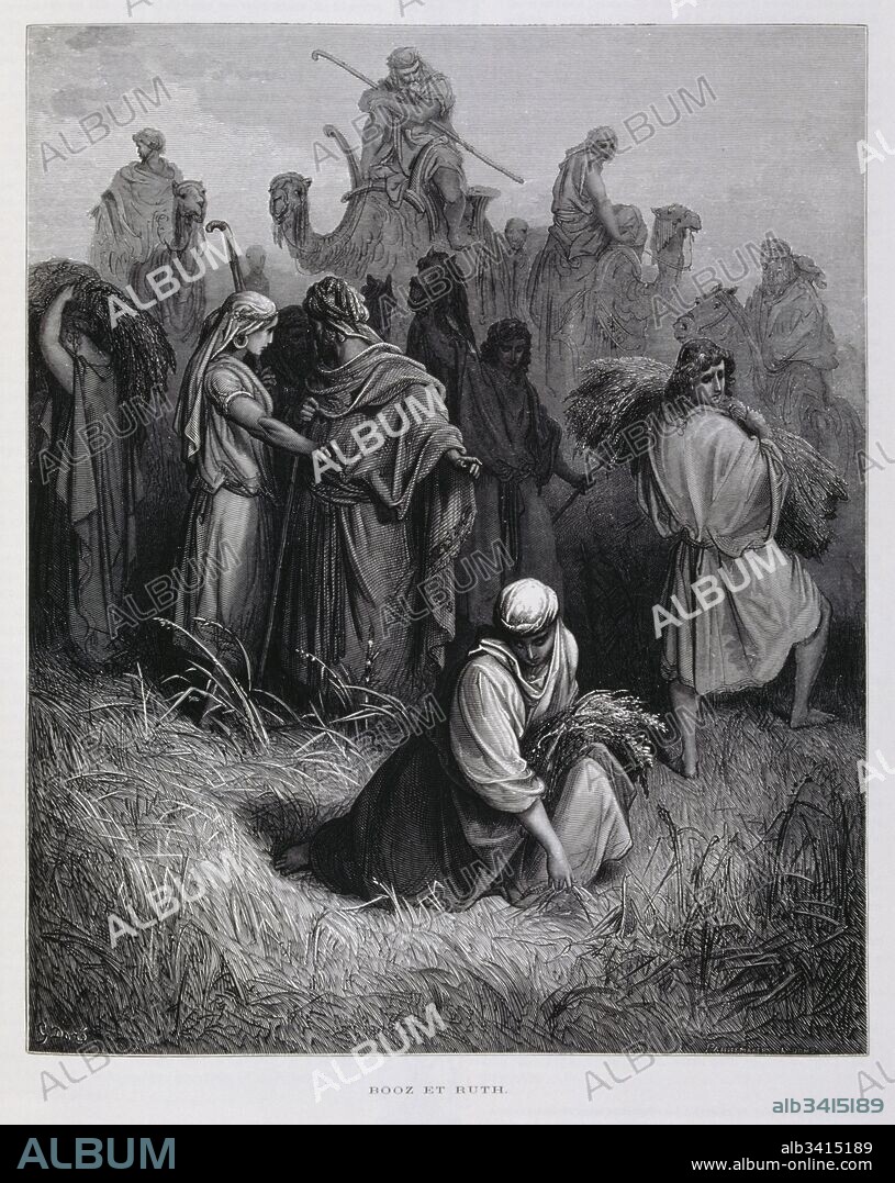 Ruth approaches Boaz and asks him to exercise his right of kinship and marry her., Illustration from the Dore Bible 1866. In 1866, the French artist and illustrator Gustave Dore (1832–1883), published a series of 241 wood engravings for a new deluxe edition of the 1843 French translation of the Vulgate Bible, popularly known as the Bible de Tours. This new edition was known as La Grande Bible de Tours and its illustrations were immensely successful..