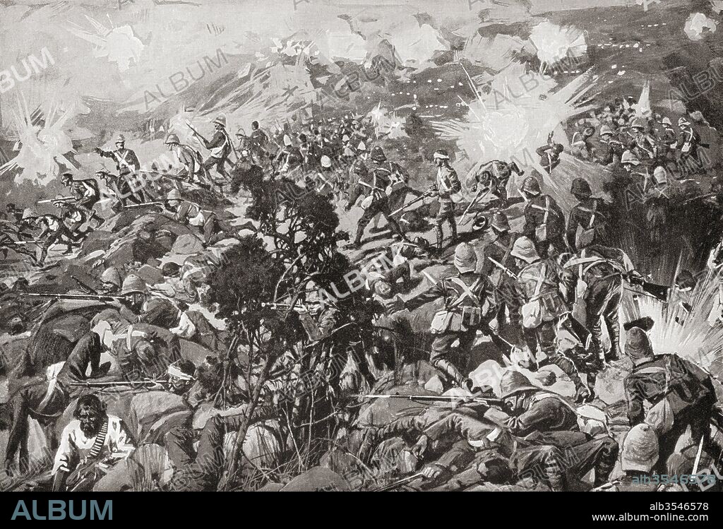 The Battle of Spion Kop, Tugela River, Natal, South Africa, 23–24 January 1900 during the second Boer War. From The Century Edition of Cassell's History of England, published c. 1900.