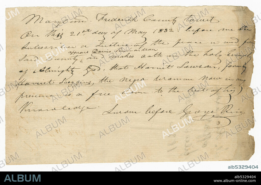 To Visit Your Husband: Harriet Lawson’s Pass, 1832;Harriet Lawson carried this pass to visit her husband, Caleb, at work in a nearby town. As free blacks, the Lawsons could legally marry, but Maryland placed limits on their liberty. If they traveled without a pass, they could be fined $20 or sold into slavery.;The Back of Lawson’s Pass;If stopped, Lawson would face the humiliation of being physically inspected. This pass described her as: “Black, 29 yrs of age five feet high has a mole on the right side of her right eye no other perceptible mark.”;Slavery and Freedom Exhibition.