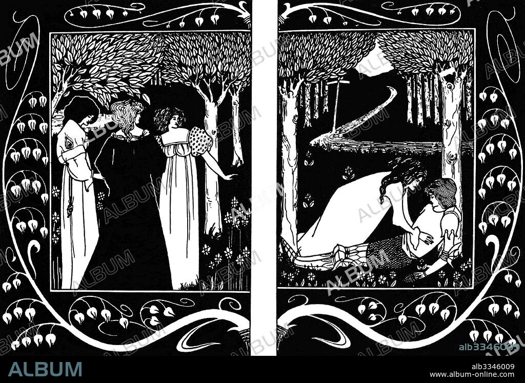 AUBREY BEARDSLEY. The Four Queens and Lancelot. Illustration to the book "Le Morte d'Arthur" by Sir Thomas Malory.