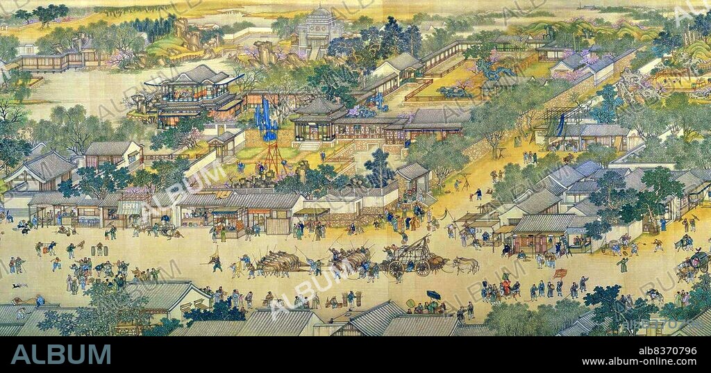 'Along the River During the Qingming Festival' is a painting by the Song dynasty artist Zhang Zeduan (10851145). It captures the daily life of people and the landscape of the Northern Song capital, Bianjing, today's Kaifeng. The theme is said to celebrate the festive spirit and worldly commotion at the Qingming Festival, rather than the holiday's ceremonial aspects, such as tomb sweeping and prayers.<br/><br/>. Successive scenes reveal the lifestyle of all levels of the society from rich to poor as well as different economic activities in rural areas and the city, and offer glimpses of period clothing and architecture. The scroll is 25.5 centimetres (10.0 inches) in height and 5.25 meters (5.74 yards) long. In its length there are 814 humans (of whom only 20 are women), 28 boats, 60 animals, 30 buildings, 20 vehicles, 8 sedan chairs, and 170 trees. The countryside and the densely populated city are the two main sections in the picture, with the river meandering through the entire length.<br/><br/>. The original painting is the most celebrated work of art from the Song dynasty. Due to this high artistic reputation, it has inspired several works of art that revived and updated the style of the original. The version presented here was made by five Qing dynasty court painters (Chen Mu, Sun Hu, Jin Kun, Dai Hong and Cheng Zhidao) and presented to the Qianlong Emperor on January 15, 1737.<br/><br/>. There are many more people, over 4,000, in the Qing remake, which also is much larger (at 11 metres by 35 cm, or 37 ft by 1 ft). The full scroll should be viewed from right to left.