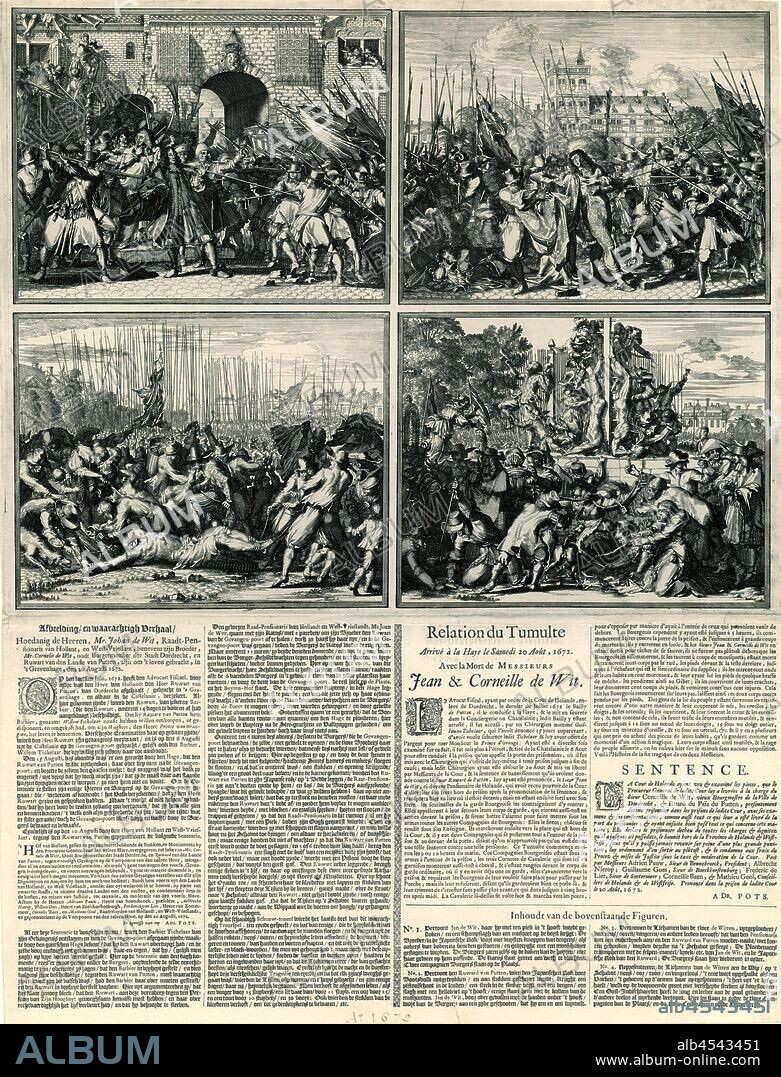 Murder of the De Witt brothers, 1672 Image and true story Hoedanigh de Heeren, Mr. Johan de Witt, Raadt-Pensionaris van Hollant, and West-Vrieslant, as well as his Brother, Mr. Cornelis de Wit, aged Burgemeester der Stadt Dordrecht, and Ruwart van den Lande van Putten, were killed, in The Hague, August 20, 1672 (title on object), Sheet with four representations and descriptions of the murder of the De Witt brothers in The Hague on August 20, 1672. Above the capture and the murders, below the bodies are dragged to the scaffold and maimed. Among the performances, descriptions of the events in Dutch and French and an explanation of the images., Violent death, being killed, being mishandled and maltreated, seeking death (attempted death), attempted political murder, lynching, The Hague, Johan de Witt, Cornelis de Witt, Romeyn de Hooghe (attributed to), Northern Netherlands, 1672, paper, letterpress printing, h 536 mm × w 412 mm.