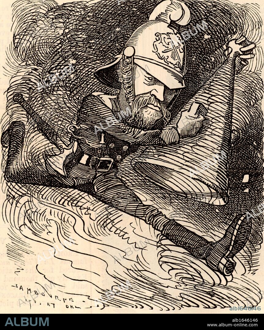 Eyre Massey Shaw (1830-1908) Irish soldier who served in the British army. Widely known as 'Captain Shaw', he was founder and Superintendant of the Metropolitan (now London) Fire Brigade 1861-1891. In Gilbert and Sullivan's light opera "Iolanthe" the fairy wonders if Captain Shaw's "brigade with cold cascade" could quench her love.  Cartoon by Edward Linley Sambourne in Punch's Fancy Portraits series from "Punch" (London, 22 January 1881). (Photo by: Universal History Archive/UIG via Getty Images).