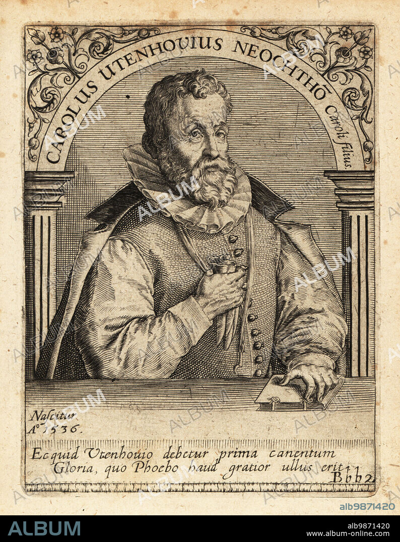 Karl von Utenhove, Flemish humanistic scholar and poet who lived in Basel, Paris, London and on the Lower Rhine, 1536-1600. Carolus Utenhovius Neochtho Caroli Filius. Copperplate engraving by Johann Theodore de Bry from Jean-Jacques Boissards Bibliotheca Chalcographica, Johann Ammonius, Frankfurt, 1650.