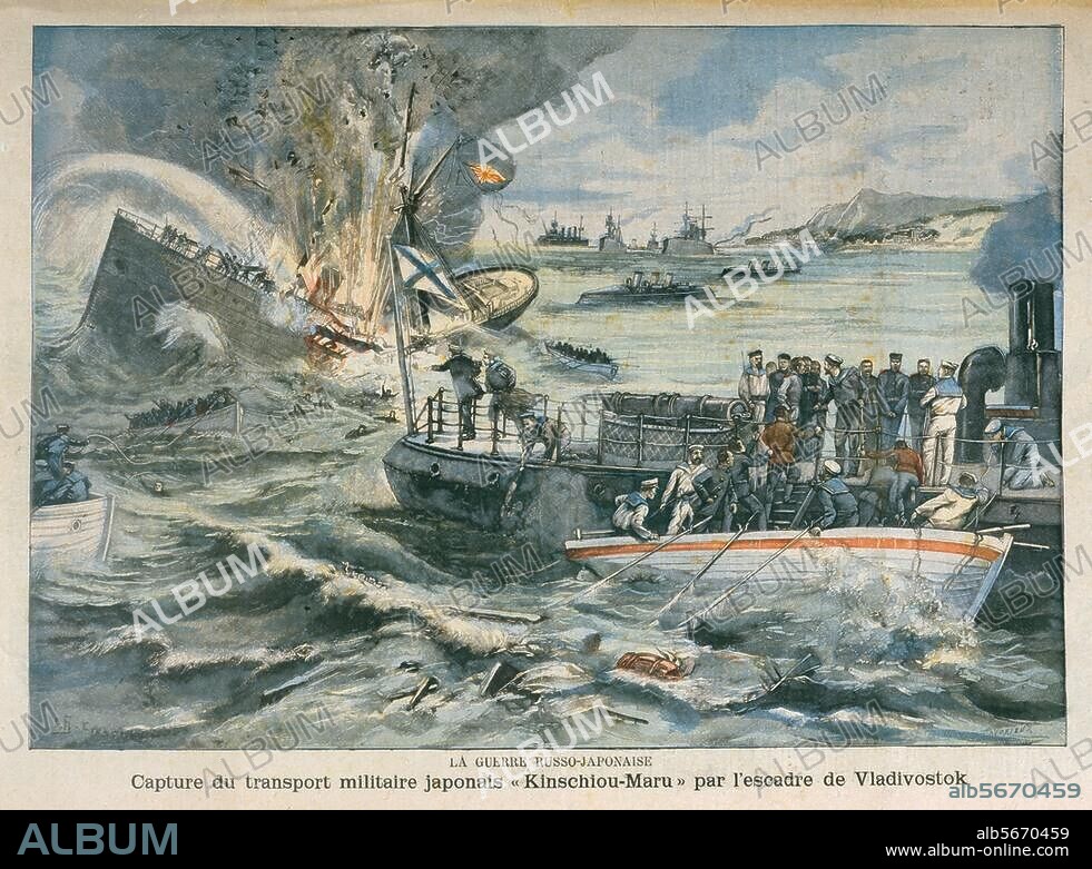 Russisch-japanischer Krieg 1904/05. "La guerre russo-japonaise / Capture du transport militaire japonais Kinschiou-Maru par le'escadre de Vladivostok". Farbdruck. Aus: Le Petit Parisien, Supplement litteraire illustre, 16. Jg., Paris, 15. Mai 1904. Berlin, Sammlung Archiv für Kunst und Geschichte.