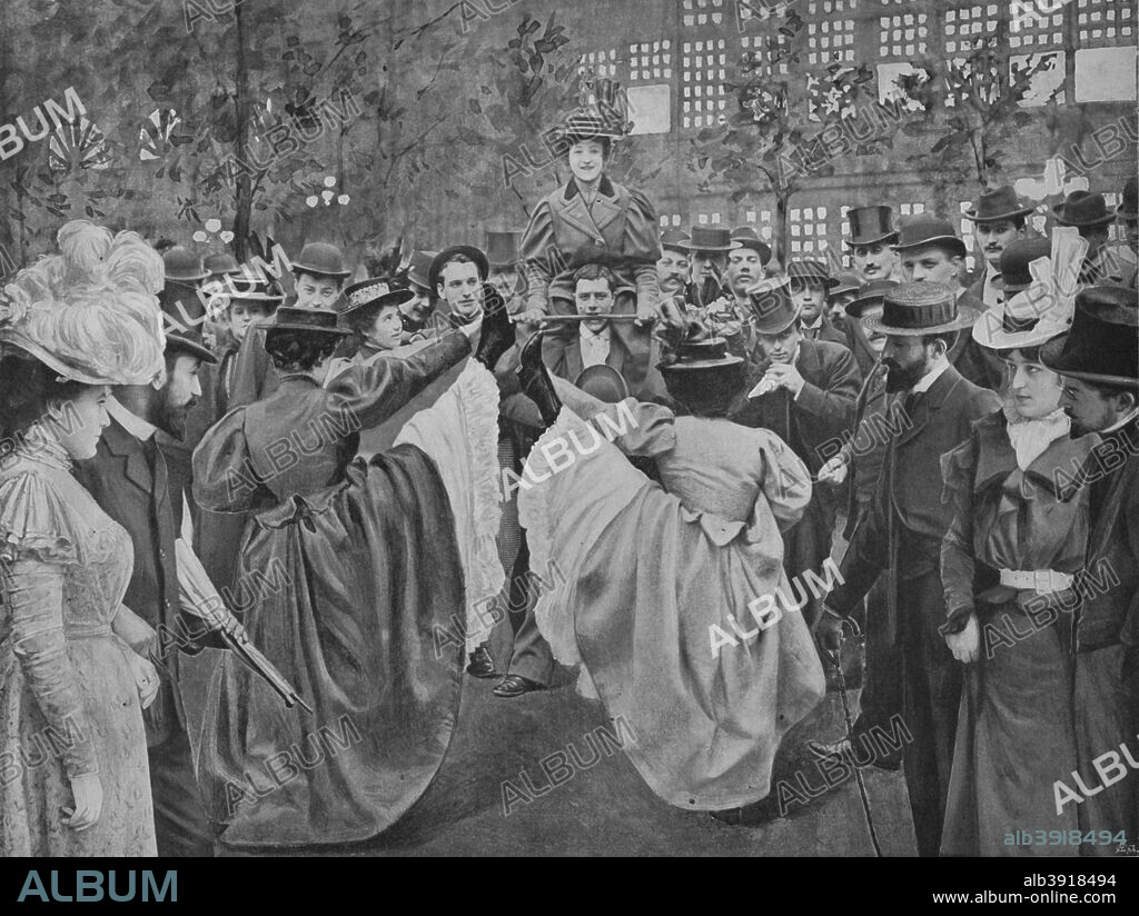 'Dans Le Jardin Du Moulin-Rouge', 1900. Moulin Rouge is a cabaret in Paris, France. The original house, which burned down in 1915, was co-founded in 1889 by Charles Zidler and Joseph Oller, who also owned the Paris Olympia.  From Le Panorama - Paris la Nuit No. 1, [Librairie D'Art - Ludovic Baschet editeur, Paris, 1900].