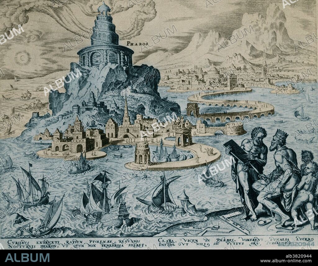 Seven wonders of the world, drawn by Marten van Heemskerck: Der Pharos von Alexandrien. Stich von Philipp Galle. 1567. The lighthouse at Alexandria, Egypt was built in the 3rd century BC. The height of the lighthouse was estimated to be between 380 and 440 feet tall. It was identified as one of the Seven Wonders of the Ancient World by Antipater of Sidon. The lighthouse was badly damaged, with barely any remaining ruins, after three earthquakes. The first was in 956, then another in 1303, and the last in 1323.