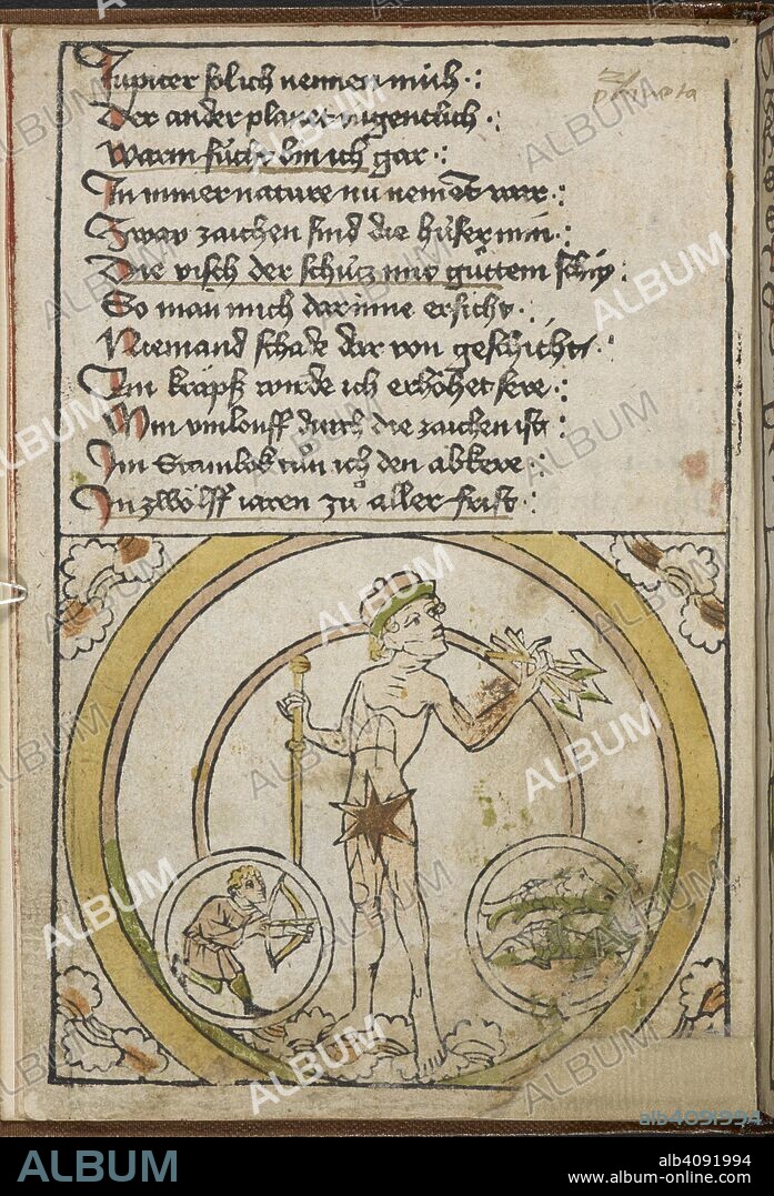 A naked male figure holding arrows and a rod. An archer representing Sagittarius, and fish representing Pieces. Begin. Saturnus ain stern bin ich genant: Der hoÌˆchst planet gar wol bekant: Naturlich bin ich truken und kalt: Mit minem wuÌˆrken manigualt ... [Germany, 1470?]. A description, in verse, of the seven planets, i.e. Saturn, Jupiter, Mars, the Sun, Venus, Mercury, the Moon, and their astrological influences on human life: sometimes known as the "Planetenbuch" or as "Folge der sieben Planeten". A block-book, in which the text as well as the woodcut illustrations is printed from blocks. The recto of the first leaf and the verso of the last are blank. The description of each planet occupies twelve lines on the verso of one leaf and the recto of the next, the lower part of each page being occupied with a large woodcut, coloured. Without titlepage or pagination. Source: IA.27 page 2v. Language: German.